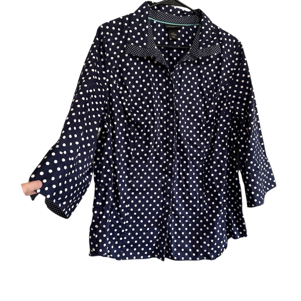 Lane Bryant Business Casual Polka Dot Navy Women's Top - Picture 2 of 6
